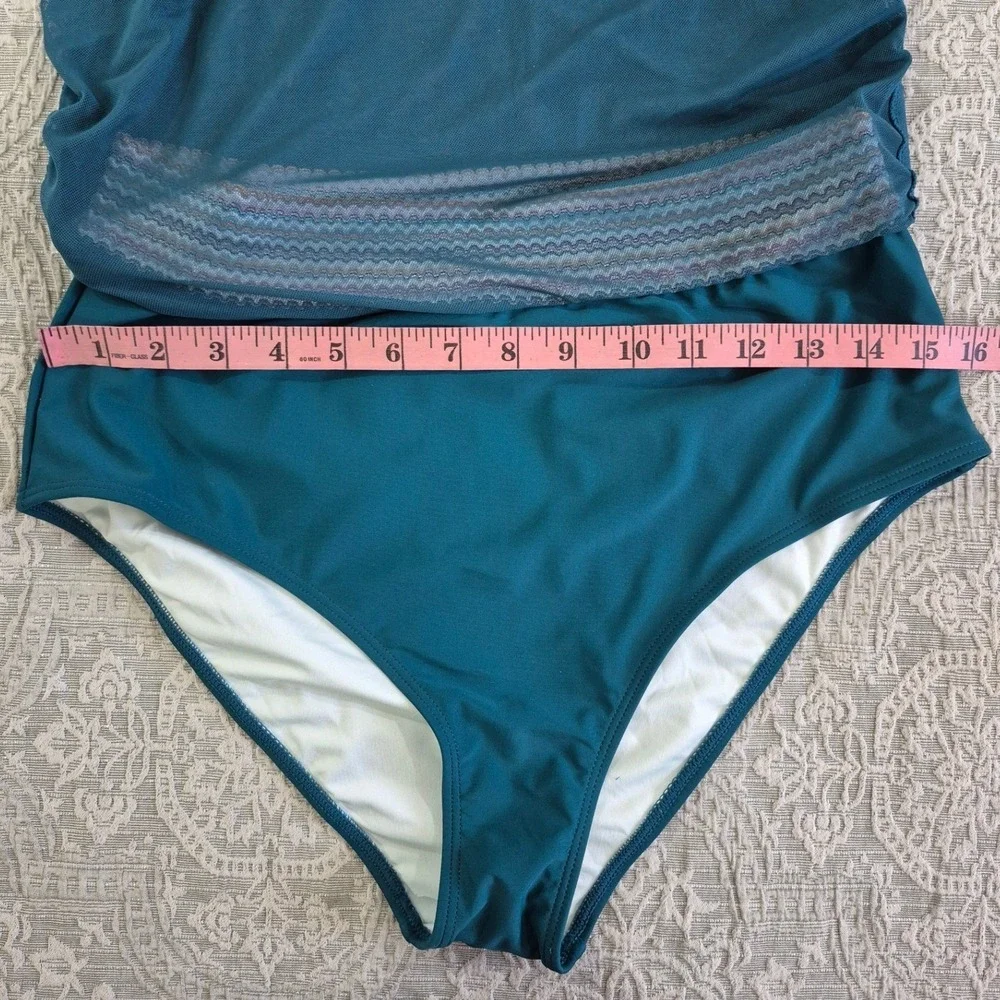 Teal High Waisted Bikini‎ Mesh Skirt Set Chevron Trim Womens Large
